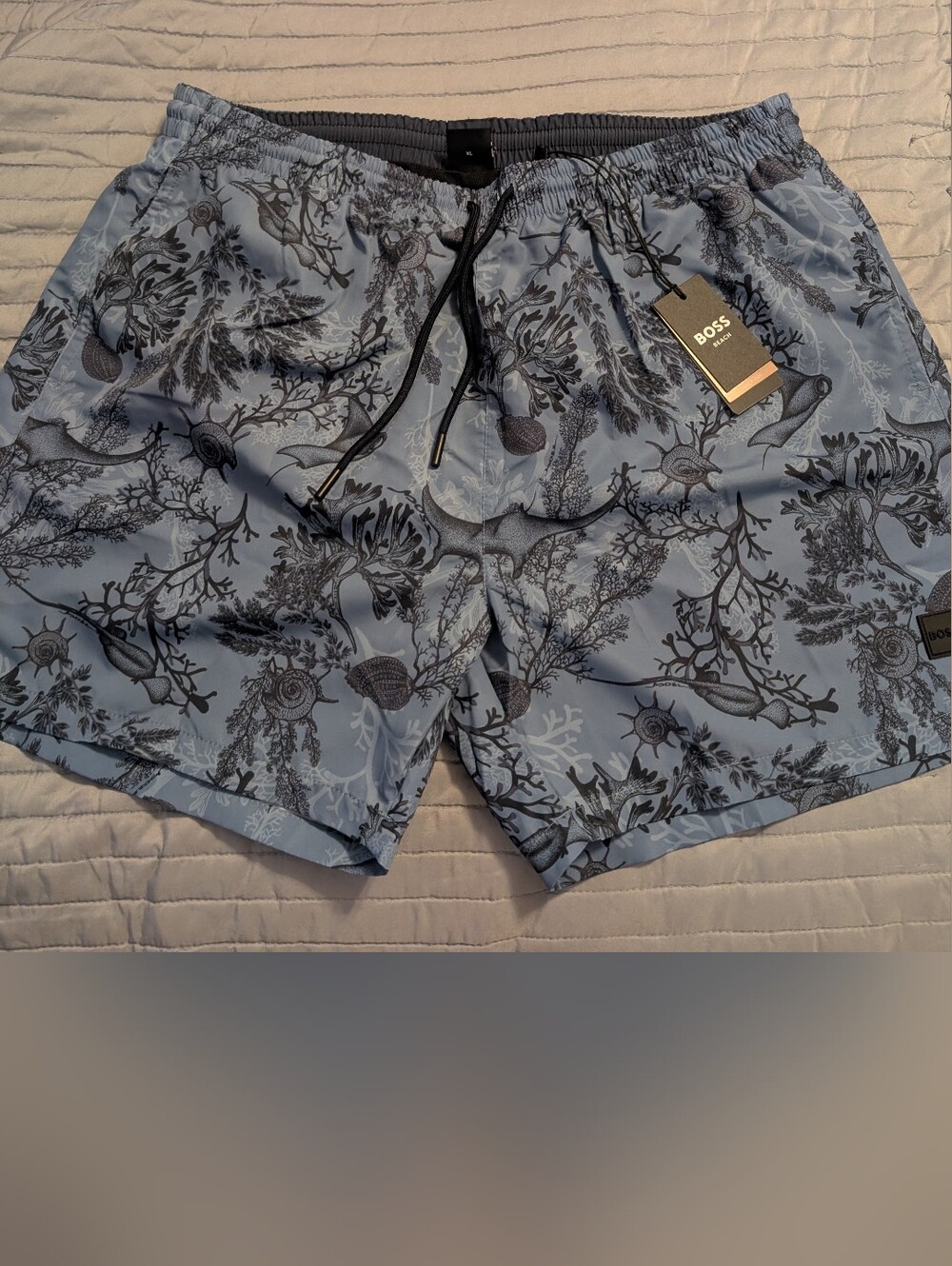 BOSS Light Blue and Dark Blue Sea Life Print Swim Shorts